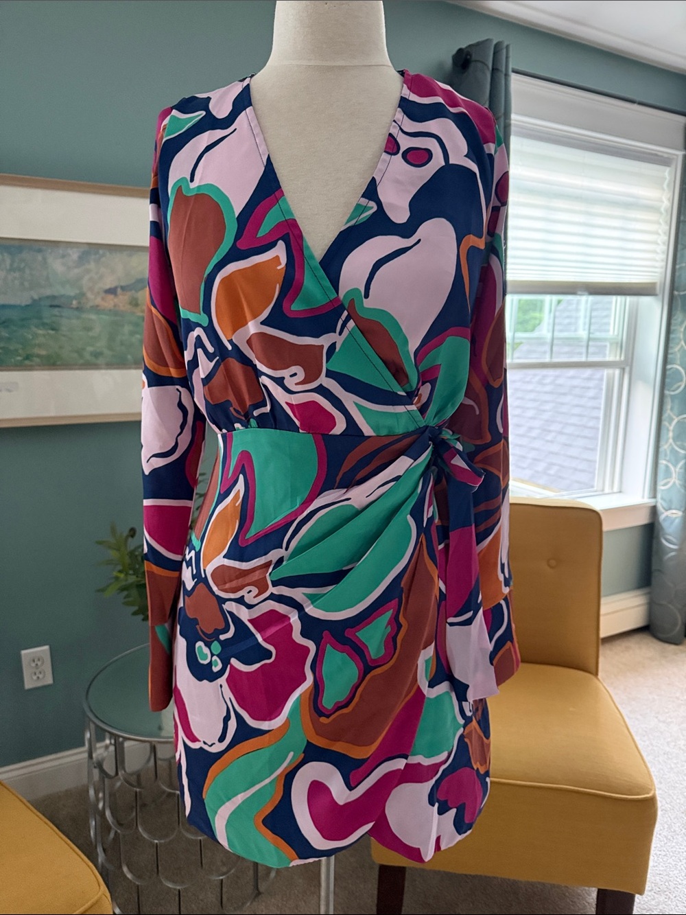 MINKPINK Bold Abstract Floral Wrap Mini Dress in Pink, Teal & Navy